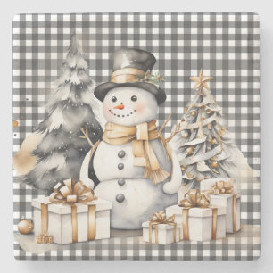 Black christmas snowman winter design stone coaster