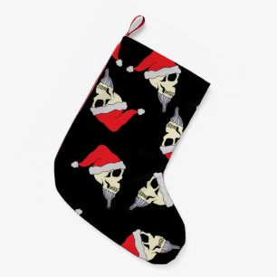 Black Christmas Stocking With Skulls In Santa Hats