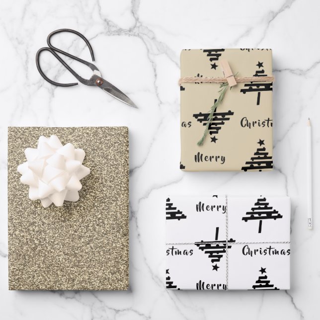 Black Christmas Tree Faux Gold Glitter Holiday Wrapping Paper Sheet (Front)