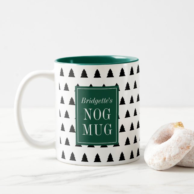 Black Christmas Tree Patterned Personalised Two-Tone Coffee Mug (With Donut)