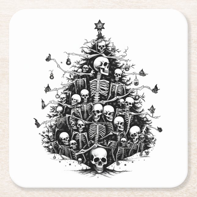 Black Christmas tree Skulls and bones  Square Paper Coaster (Front)