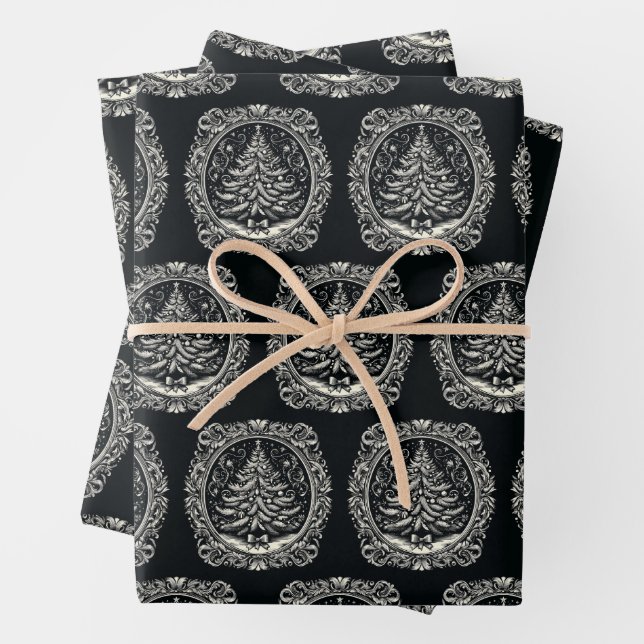 Black Christmas Tree Vintage Wrapping Paper Sheet (In situ)
