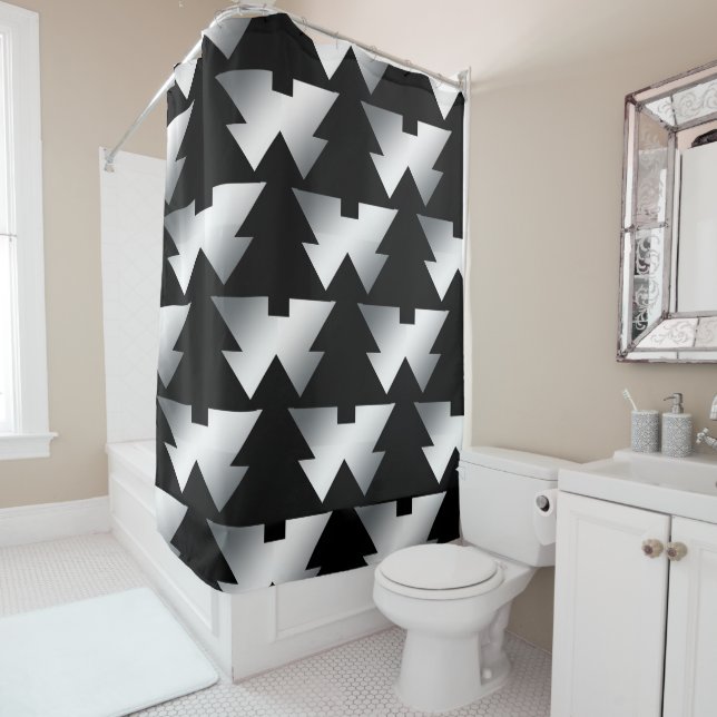 Black Christmas Trees on Silver Shower Curtain (In Situ)