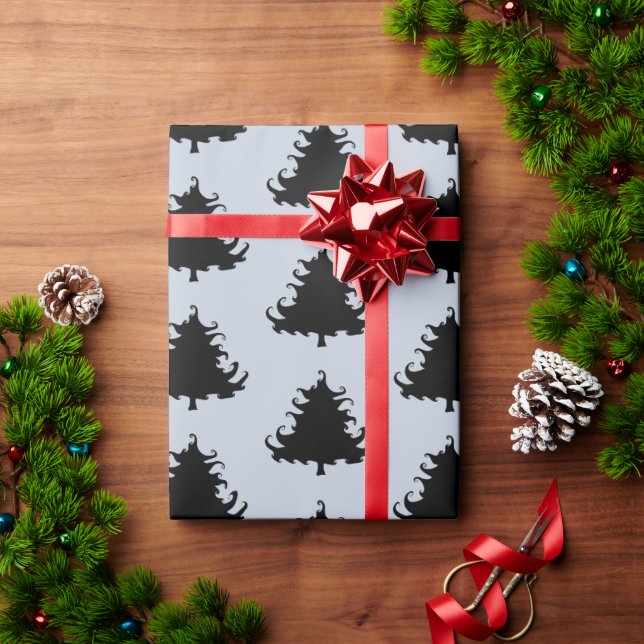 Black Christmas Trees Pattern Grey Wrapping Paper (Holiday Gift)
