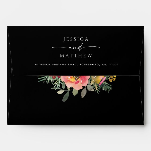 Black Christmas Watercolor Floral | Festive Winter Envelope (Back (Top Flap))