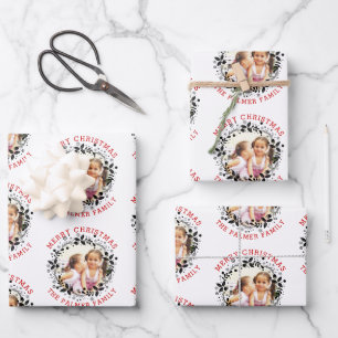 Black Christmas wreath, red Merry Christmas photo Wrapping Paper Sheet