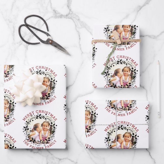 Black Christmas wreath, red Merry Christmas photo Wrapping Paper Sheet (Front)