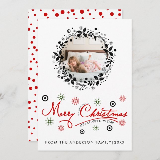 Black Christmas wreath, script typography photo Holiday Card (Front/Back)