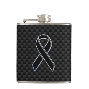 Black Chrome Style Ribbon Awareness Carbon Fibre Hip Flask
