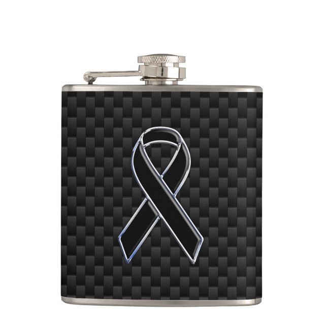 Black Chrome Style Ribbon Awareness Carbon Fibre Hip Flask (Front)