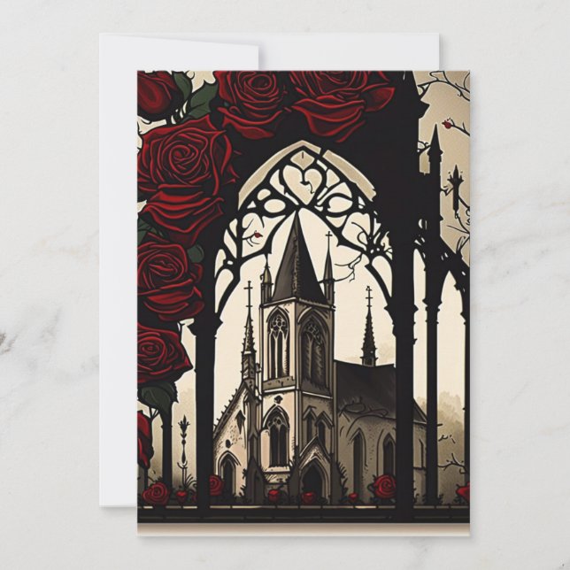 Black Church With Red Roses Gothic Wedding Invitation (Front)
