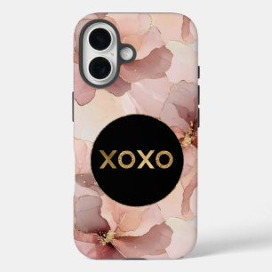 Black Circle Blush Pink Floral Gold Glitter XOXO iPhone 16 Case