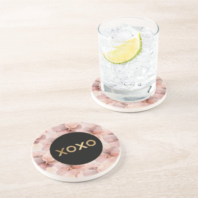 Black Circle Blush Pink Floral Gold Glitter XOXO Coaster (Side)