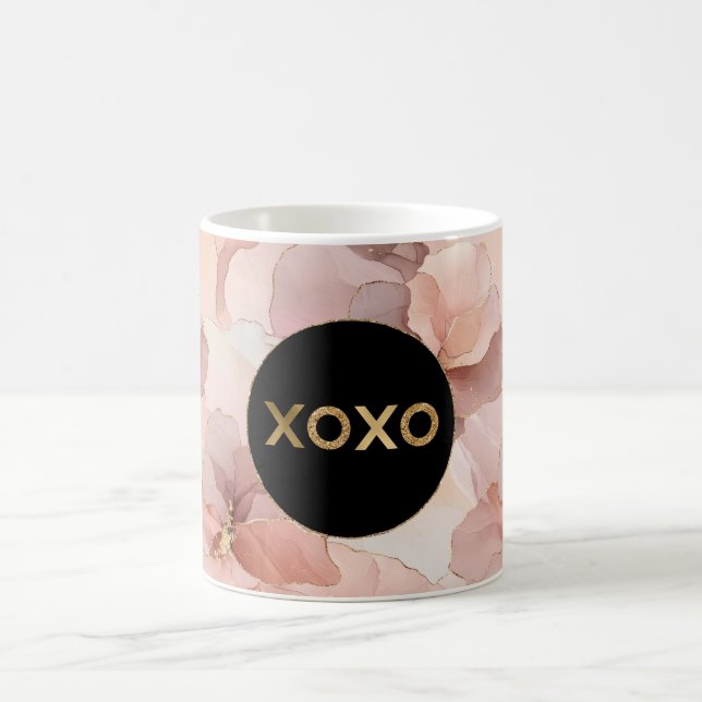 Black Circle Blush Pink Floral Gold Glitter XOXO Coffee Mug (Center)