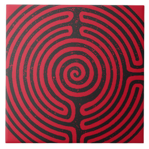 Black Circle Labyrinth (Red) Fine Art Tile