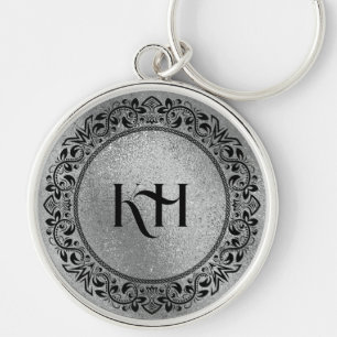 Black Circle Mandala on Iridescent Grey Texture Key Ring
