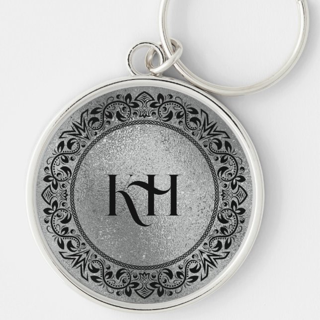 Black Circle Mandala on Iridescent Grey Texture Key Ring (Front)