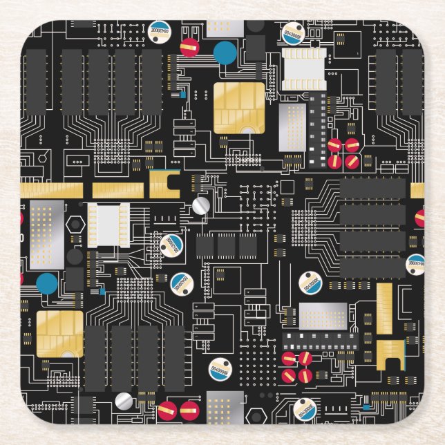 Black circuit board square paper coaster (Front)