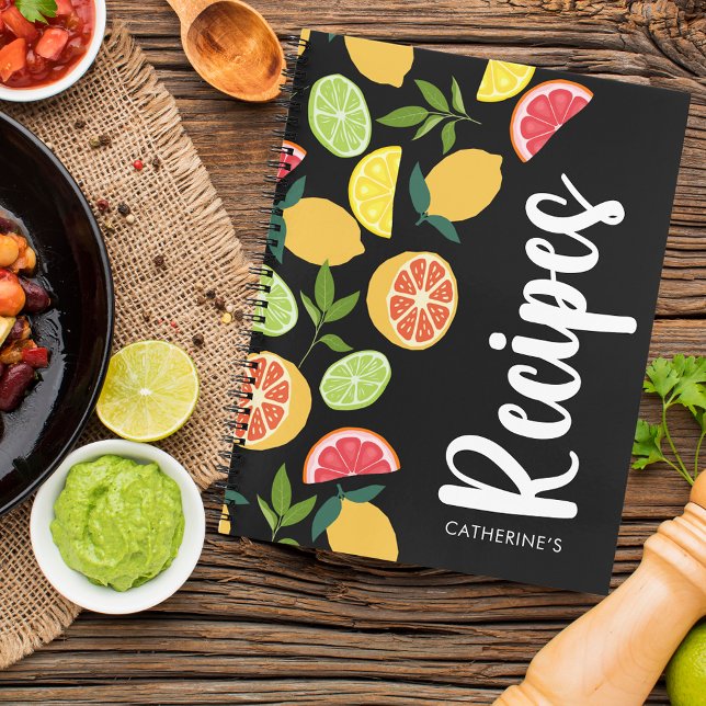 Black Citrus Lemon Orange Pattern Add Name Recipes Notebook (Creator Uploaded)