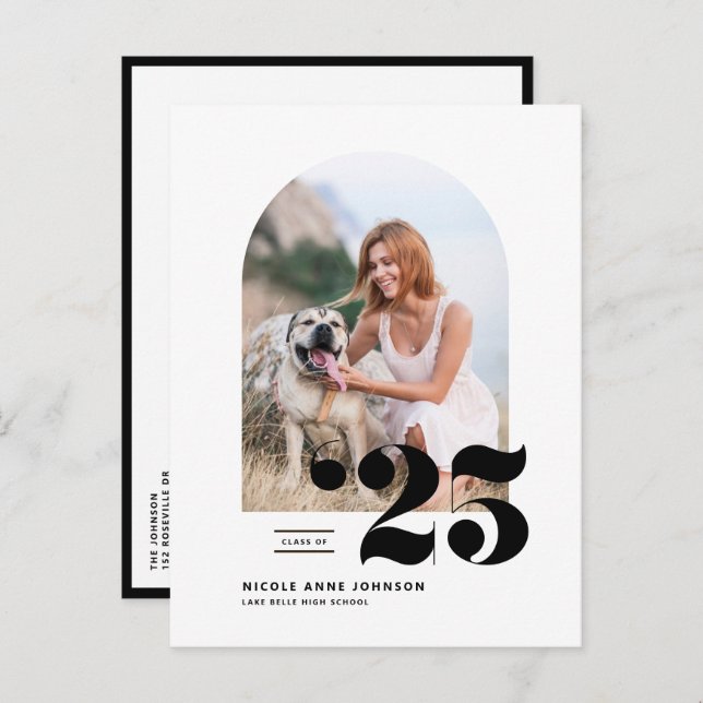 Black Class of 2025 Arch Photo Graduation Announcement Postcard (Front/Back)
