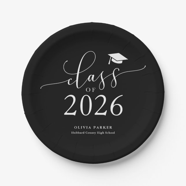 Black Class of 2025 Graduation Party Paper Plate (Front)