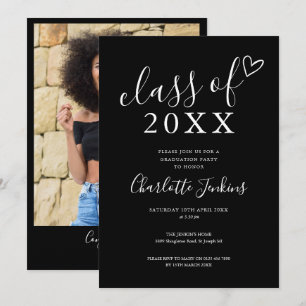 Black Class of Script Heart Photo Graduation Party Invitation