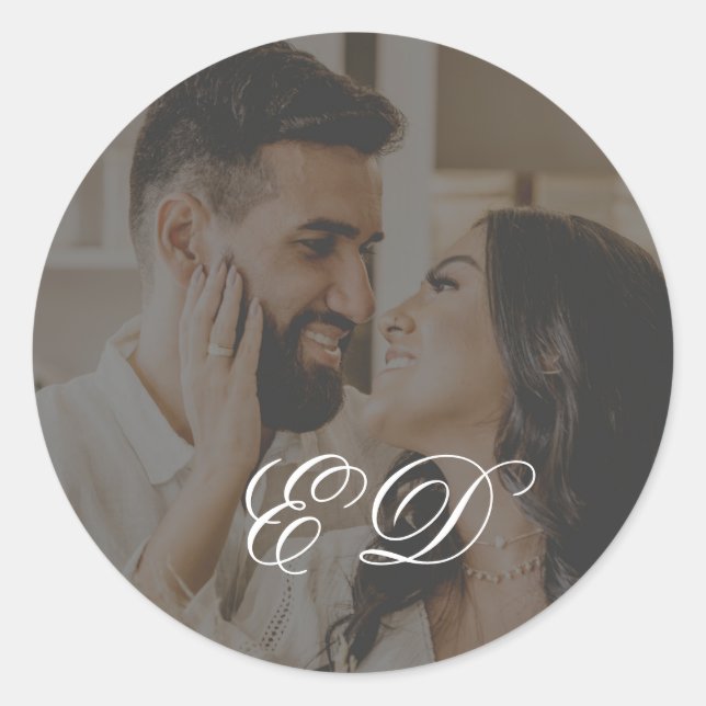 Black Classic Calligraphy Monogram Photo Overlay Round Sticker (Front)