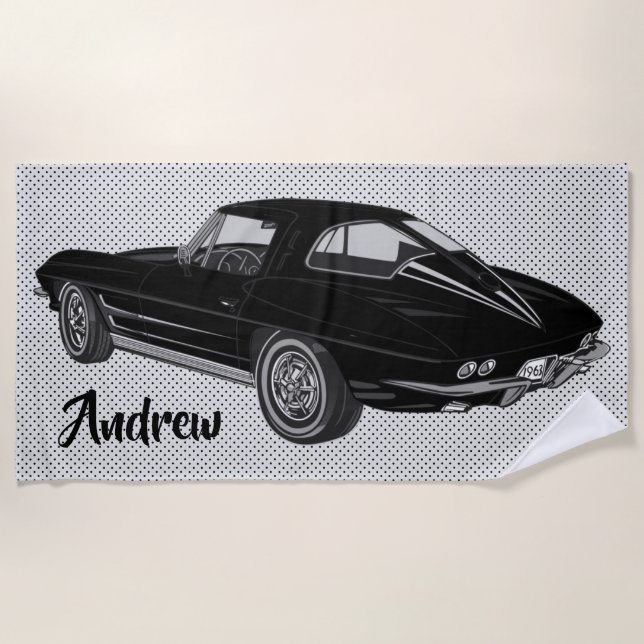 Black Classic Corvette Design Beach Towel (Front)