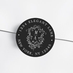 Black Classic French Floral Crest Return Address Round Sticker