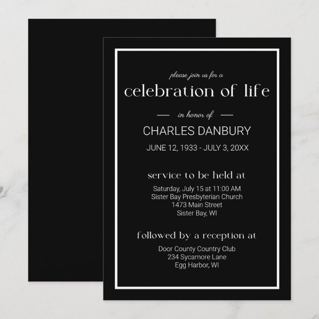 Black Classic Funeral Celebration of Life Invitation (Front/Back)