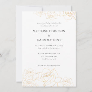 Black Classic Minimalist Gold Floral Rose Wedding Invitation