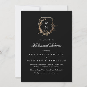 black classic monogram gold crest rehearsal dinner invitation