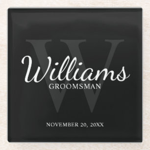 Black Classic Script Personalised Groomsmen Glass Coaster