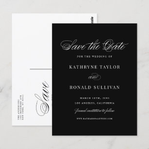 Black Classic Script Typography Save the Date Postcard