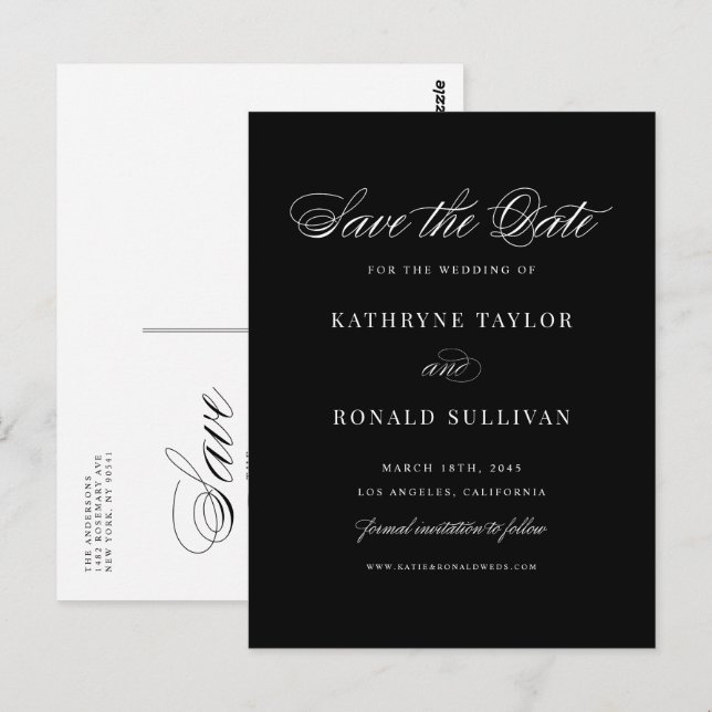 Black Classic Script Typography Save the Date Postcard (Front/Back)