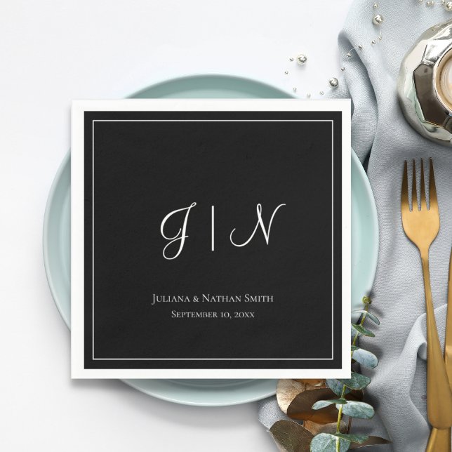 Black Classic Simple Modern Initials Monogram Name Napkin (Creator Uploaded)