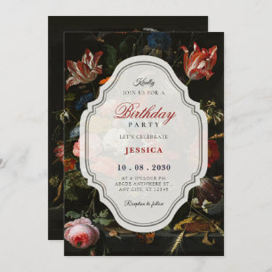 Black classic vintage floral bouquet birthday invitation