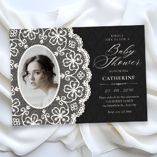 Black classic vintage lace photo baby shower invitation
