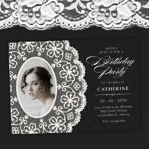 Black classic vintage lace photo birthday invitation