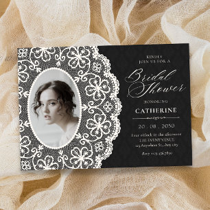 Black classic vintage lace photo bridal shower invitation