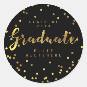 Black Classy Graduate Faux Gold Foil Confetti Classic Round Sticker
