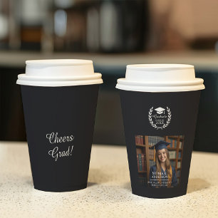 Black Classy Laurel Wreath Emblem Graduation Photo Paper Cups