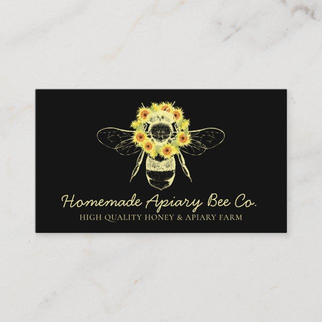 Black Classy Sunflower Floral Apiary Honey Bee Business Card (Front)