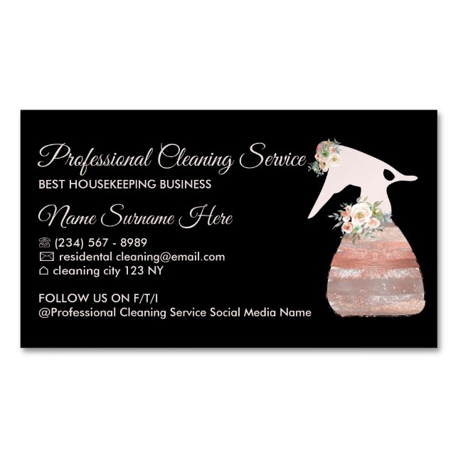 Black Cleaning Service Spray Flower glamour Magnetic Business Card (Front)