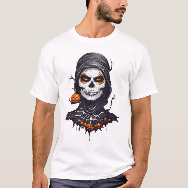 Black Cloaked Skeleton Halloween AI Art  T-Shirt (Front)