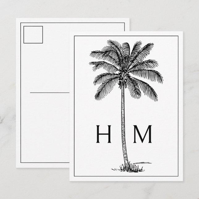 Black Coastal Palmetto Palm Monogram Postcard (Front/Back)