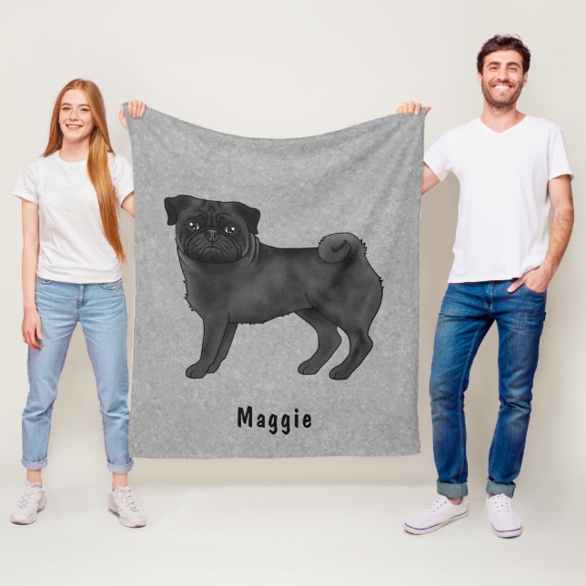 Black Coat Colour Pug Dog With Custom Name Grey Fleece Blanket (In Situ)