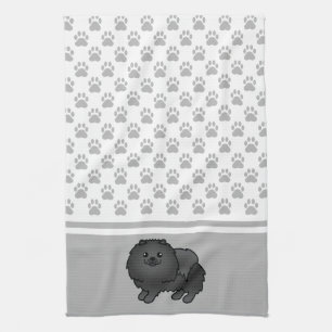 Black Coat Pomeranian With Grey Paws Pattern Tea Towel