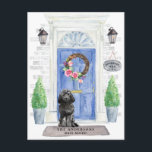 Black Cockapoo Moving Announcement Postcard<br><div class="desc">Announce your new address with our stylish announcement featuring a Black Cockapoo blue front door,  welcome mat,  slate sign,  topiaries and a floral wreath set on a grey brick background.</div>
