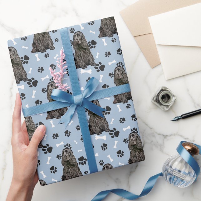Black Cocker Spaniel Dog Paw Prints All Occasion Wrapping Paper (Gifting)